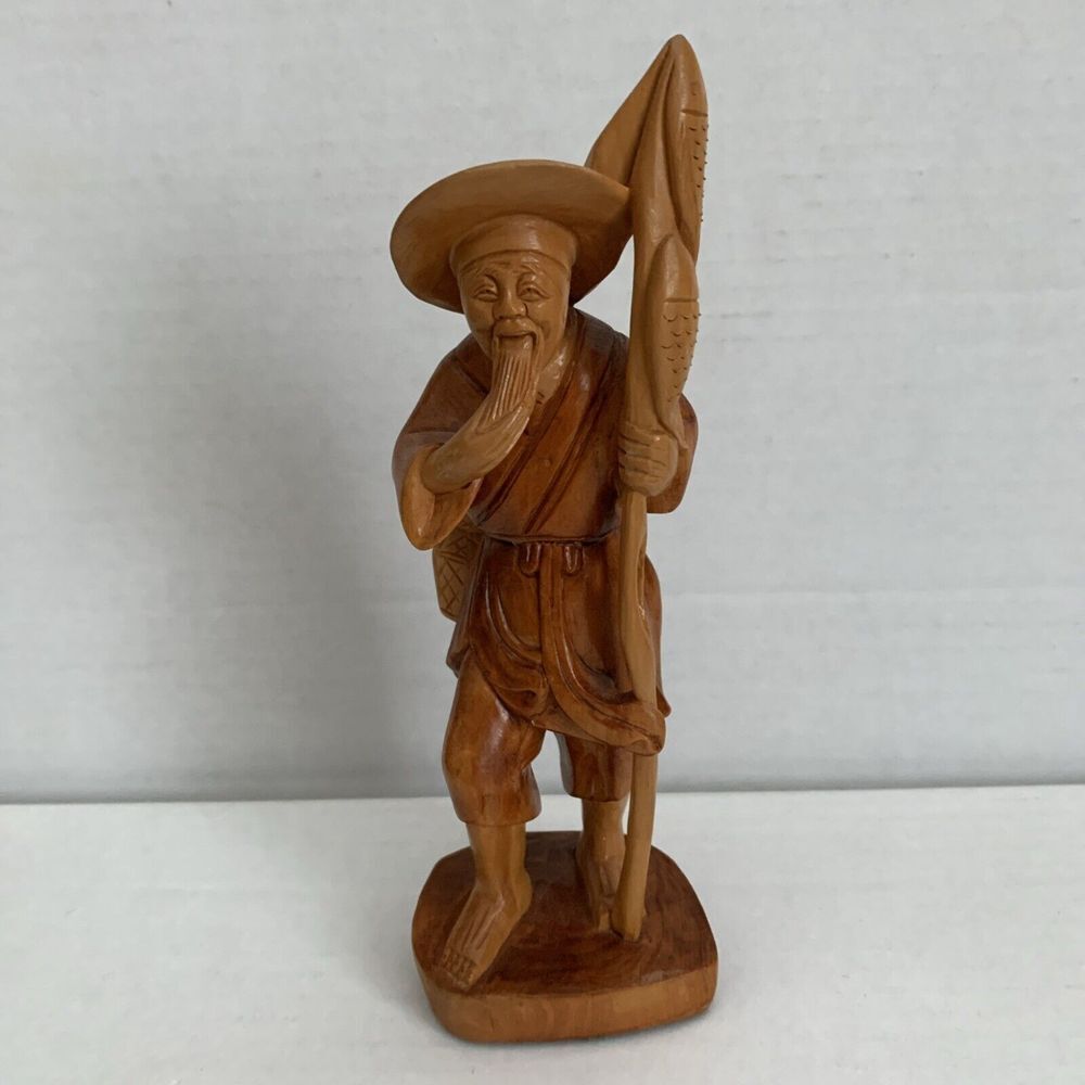 Vintage Carved Wood Chinese Fisherman Figure 7 Inch Statue Hand Carved